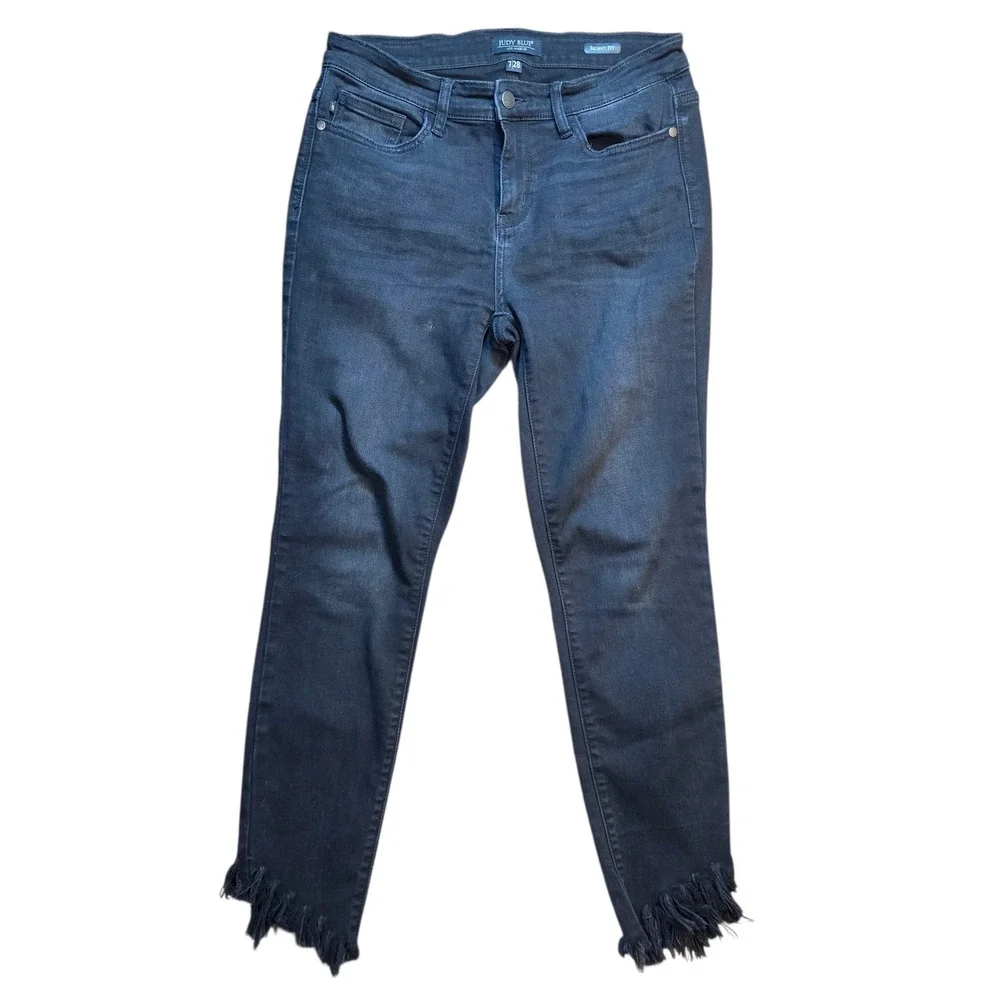 Judy Blue Black Skinny Fit Jeans Shark Bite Fray Raw Hem‎ Womens 7/28